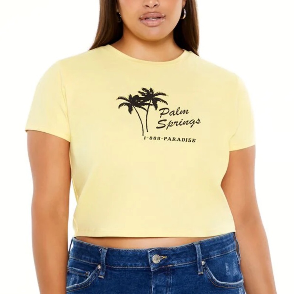 Forever 21 Palm Springs Baby T-Shirt Yellow Cropped Graphic Tee Summer Vacay 0X